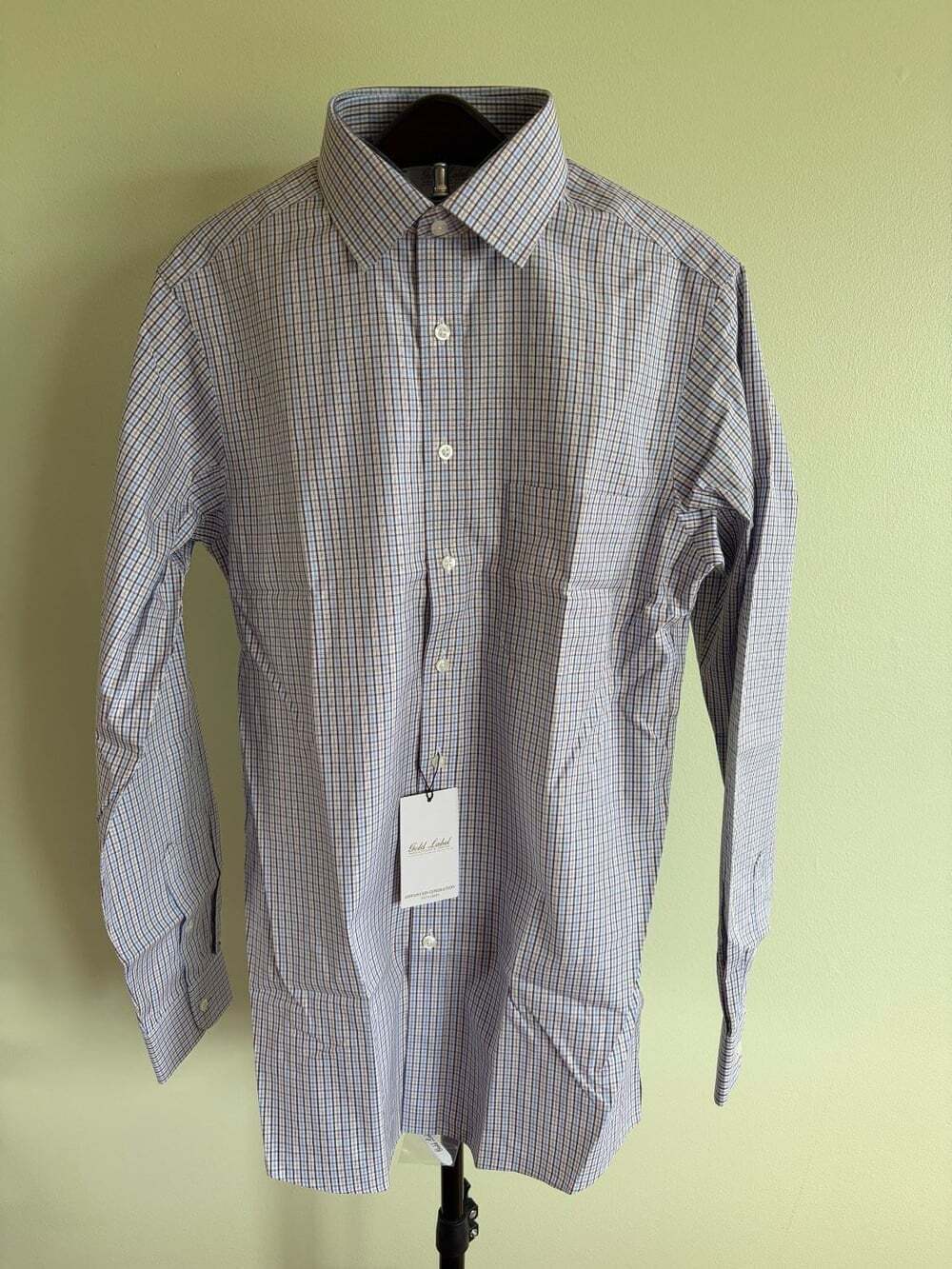 Roundtree & Yorke Dress Shirt Gold Label Slim Fit Mens 15 1/2 Plaid Pinpoint NWT